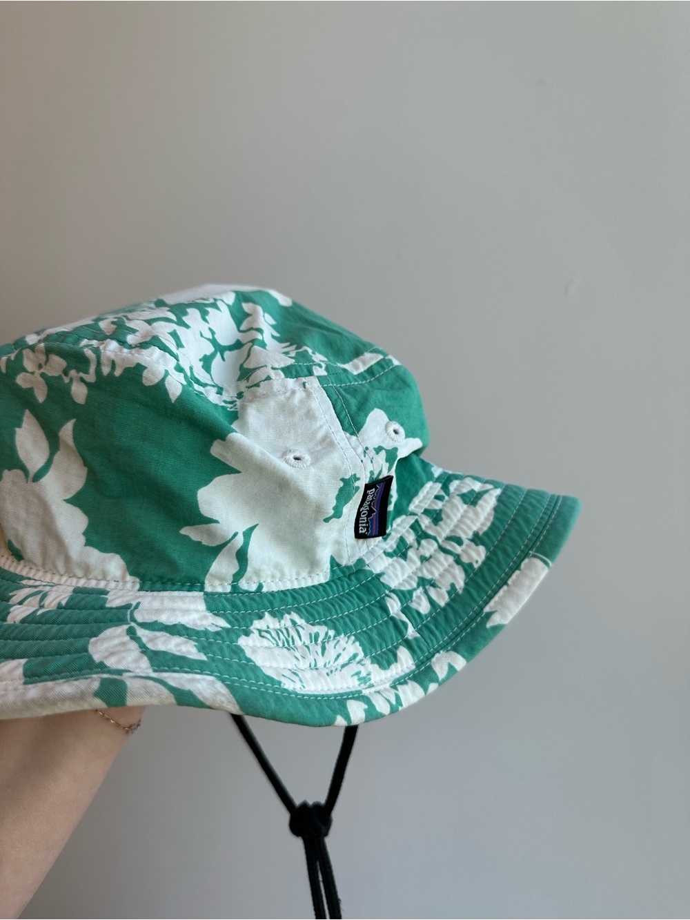 Patagonia Teal and White Floral Bucket Hat with Chin Cord